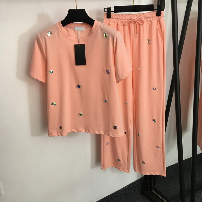 Survêtements à strass à la mode, deux pièces en coton, personnalité, t-shirts à manches courtes, pantalons, survêtement de Sport de luxe