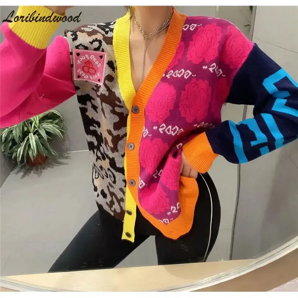 Loribindwood versão coreana do padrão com decote em V com bloqueio de cores de malha cardigan jaqueta suéter clássico all-match 231220