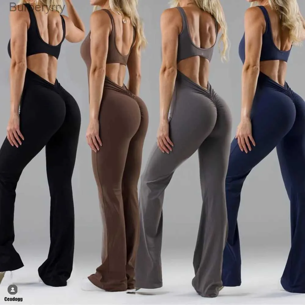 Active Sets 2024 S XL Nylon Women Gym Yoga Set Sports Rompers Deep V Back  Fitness Workout Pant Flare Leggings One Piece Jumpsuit Active WearL231221  From 8,95 €