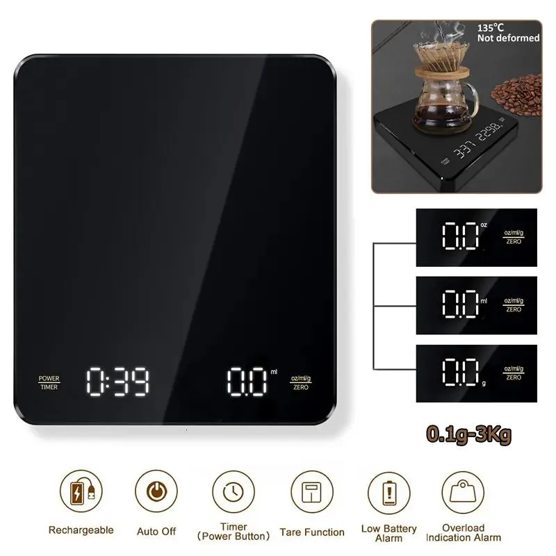 Skale Scale gospodarstwa domowego kawa elektroniczne zalewanie espresso 3kg 0 1G LED AUTO Timer Smart Scale Kitchen Scale Wbudowane baterię USB ładowanie 23