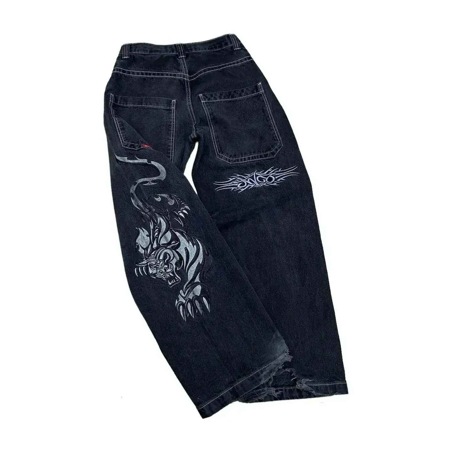 Gothic Tiger Graphic Print Jeans JNCO Hip Hop Baggy Punk Rock Black Denim Pants Y2k Retro Streetwear Wide Trousers Men Clothing 231220