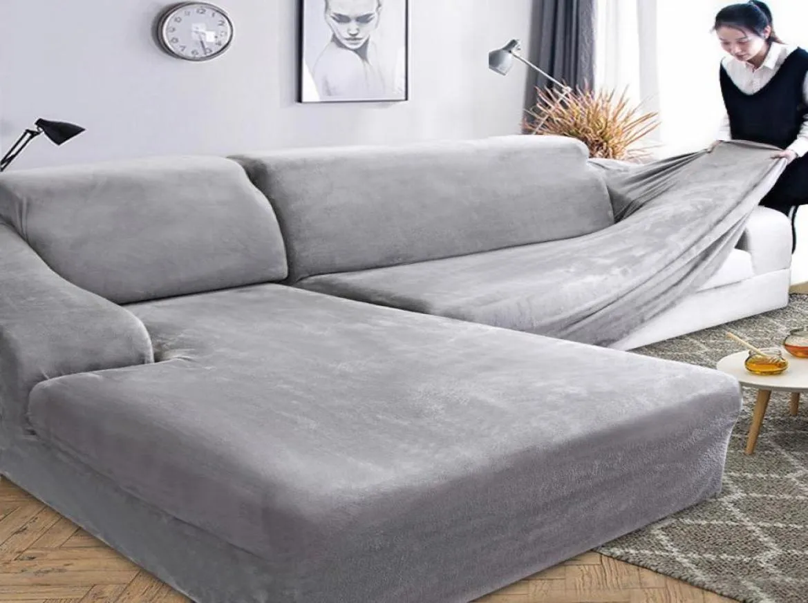 Velvet Plush L -formad soffa omslag för vardagsrum elastiska möbler soffa slipcover chaise longue hörn soffa täckning stretch6398319