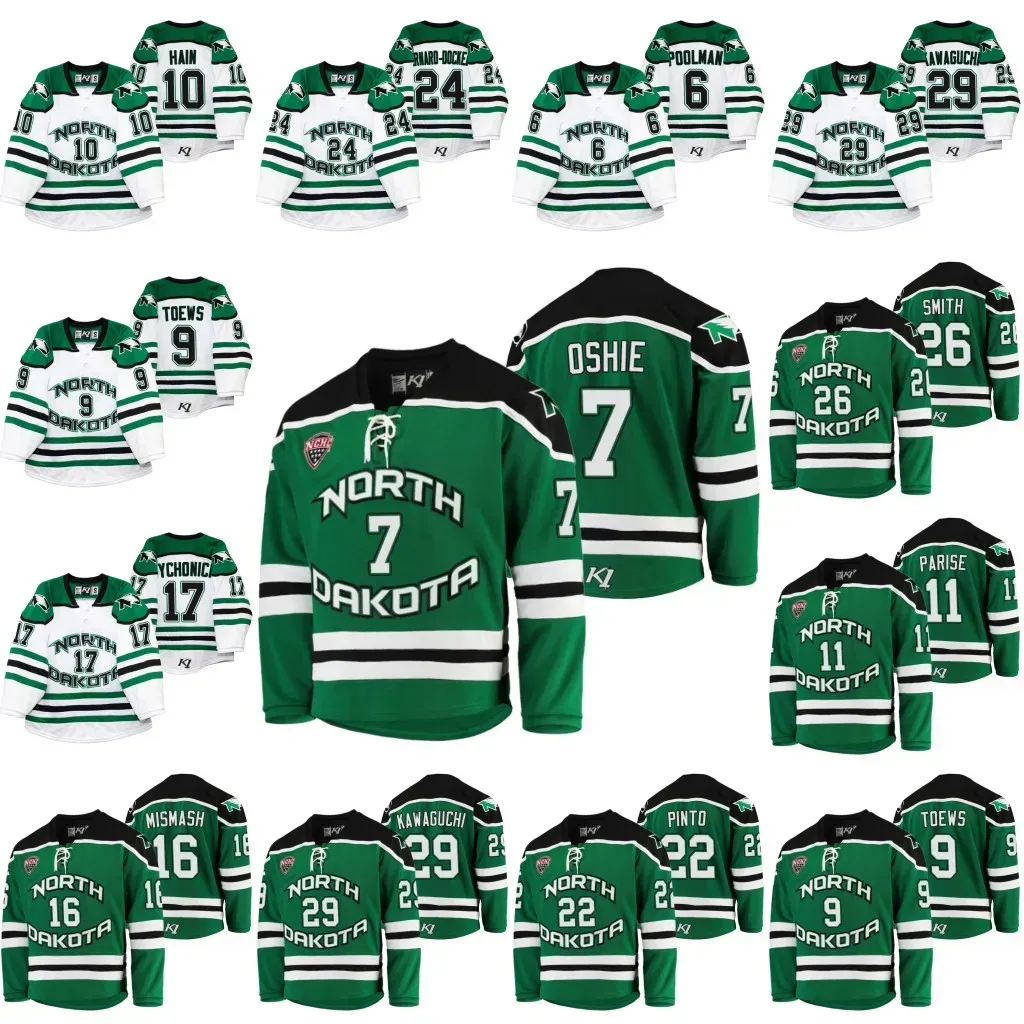 カスタムホッケージャージ7 T. J. Oshie North Dakota Fighting Hawks College Hockey Jersey Shane Pinto Cole Smith Adam Scheel Gavin Hain Matt Kie