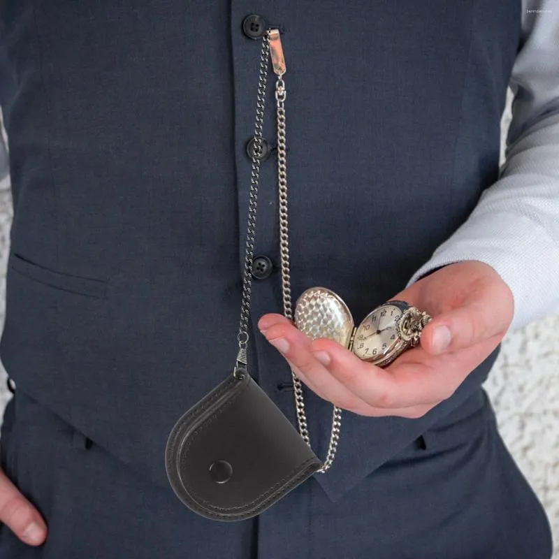 Caixas de relógio Suporte de bolso de couro para homens - caixa preta estilo vintage com viagem de corrente e armazenamento