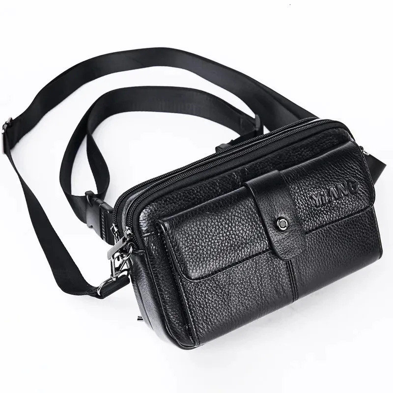 Sacs de ceinture horizontaux noirs en cuir véritable pour téléphone sac à bandoulière pour hommes sac à bandoulière étanche taille pour femmes Fanny Packs 231220