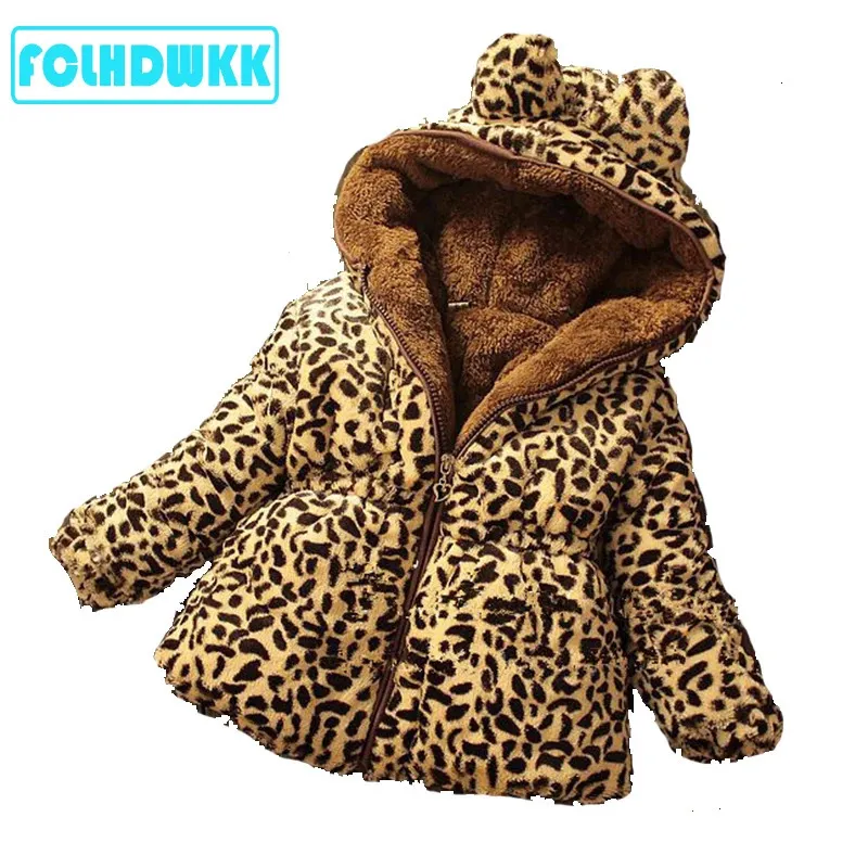 Fclhdwkk barnjackor för flickor vinter våren babyjackor rockar barn leopard jacka kappa varma ytterkläder hoodies kläder 231221