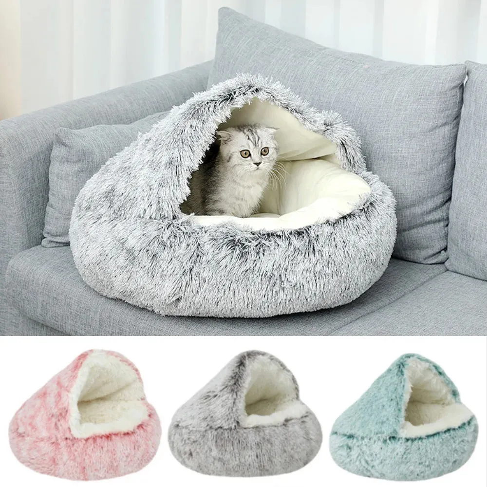 Snooze Cat Bed Round Plush Fluffy Hooded Mysig kattbädd för inomhus Donut Självvärmande liten hundbädd Anti-ångest Valp Kennel 231221