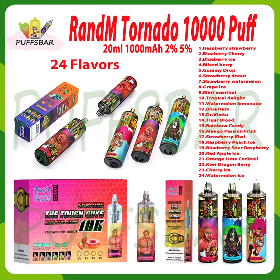 Oryginalny Randm Tornado 10000 Puff E papieros 20 ml podnośnik Cewka 1000 mAh akumulator 10 Smaki jednorazowe dmuchy Vape 10k