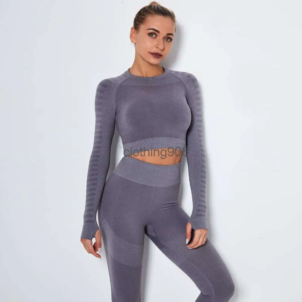 Yoga outfit sem costura terno esportes camisa ginásio roupas de fitness feminino manga longa colheita superior cintura alta leggings com nervuras treino conjunto treino