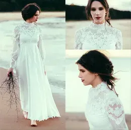 Boho High Neck Long Sleeves Wedding Dresses 2023 Lace Chiffon Empire Waist Ankle Length Beach Wedding Gown