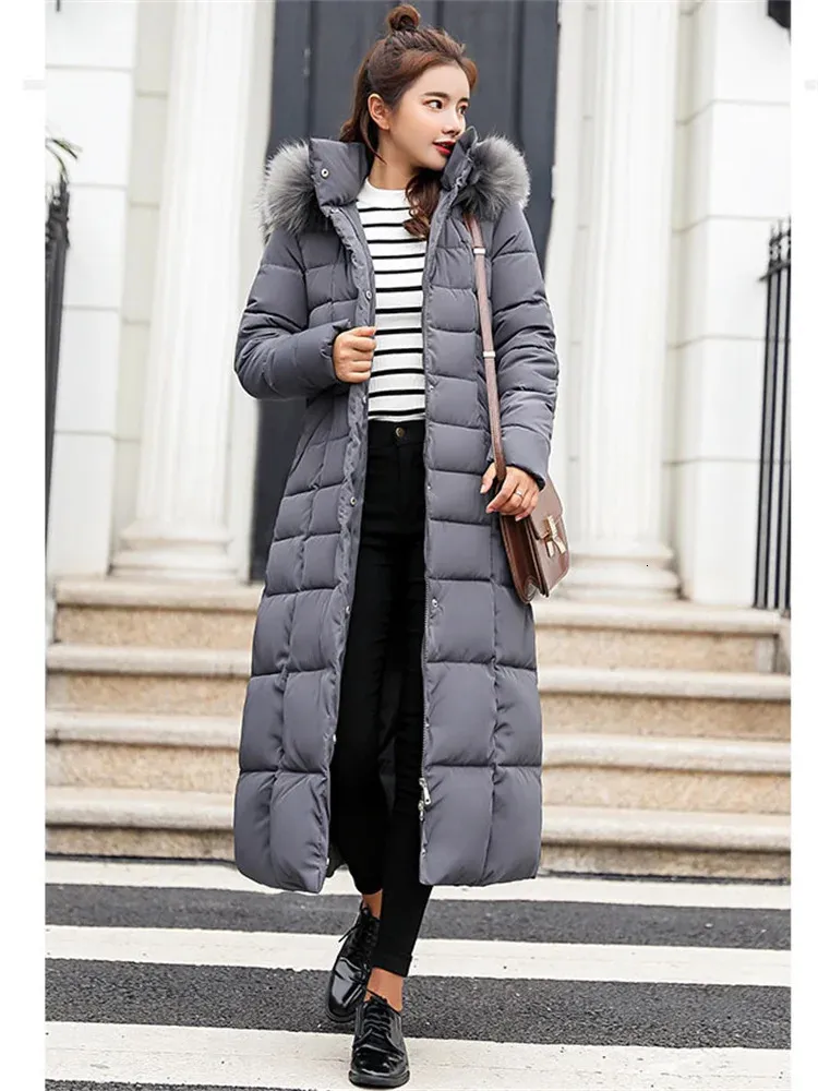 ダウンコットンコート女性長冬のファッション韓国のスリムな膝の長さの毛皮のフード付きパーカートレンチコート暖かさ231221