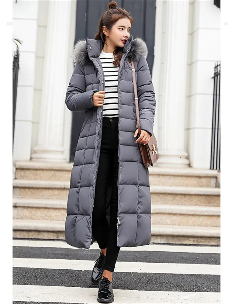 Ned Cotton Coat Women Long Winter Fashion Korean Slim Kne-Längd päls huva Parkas Trench Coat värme Kläder 231221