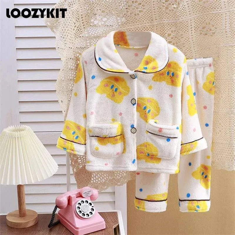 Autumn Winter Warm Flanell Girls Pyjamas Set LongSleeved Byxor Twopiece pojkar mjuka hemkläder barn kläder 214y 231220