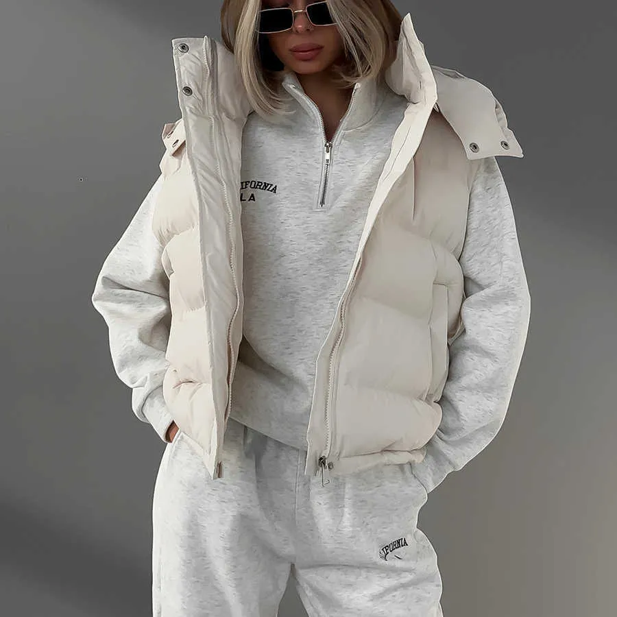 レディースダウンパーカー2023卸売ファッション女性冬服のノースリーブフード付きコットンコットンパフジャケットの女性xwwu