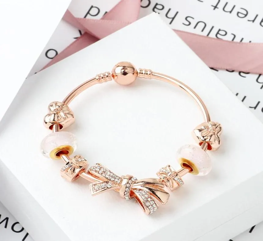 Hebras de moda pulsera de lazo brillante de oro rosa 1820cm amor encanto joyería de cuentas de vidrio entera2573727