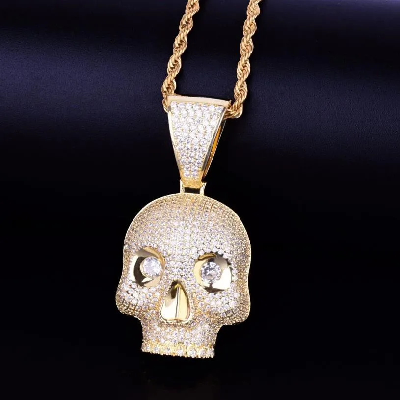 Colliers tête de mort avec pendentif couleur or argent, Zircon cubique scintillant, collier Hip hop pour hommes, bijoux Rock 291M