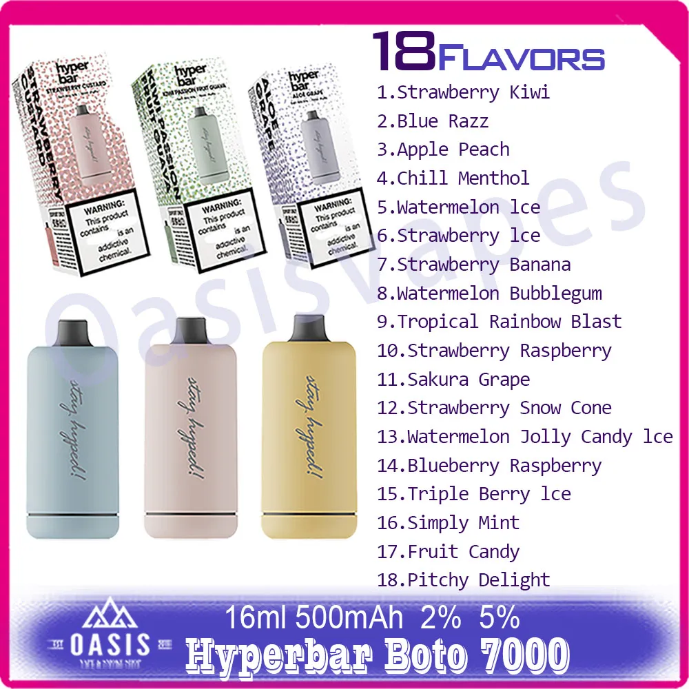 Authentic Hyperbar Boto 7000 Puff Disposable E Cigarettes Puffs 7k 16ml Prefilled Liquid Vape Pen 500mAh Rechargeab le Battery Vaporizer 18 Flavors