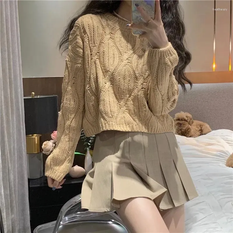 Women's Sweaters Cable Knit Crop Sweater Long Sleeve Crew Neck Box-fit Pullover Jumper Ladies Autumn Winter Knitwear