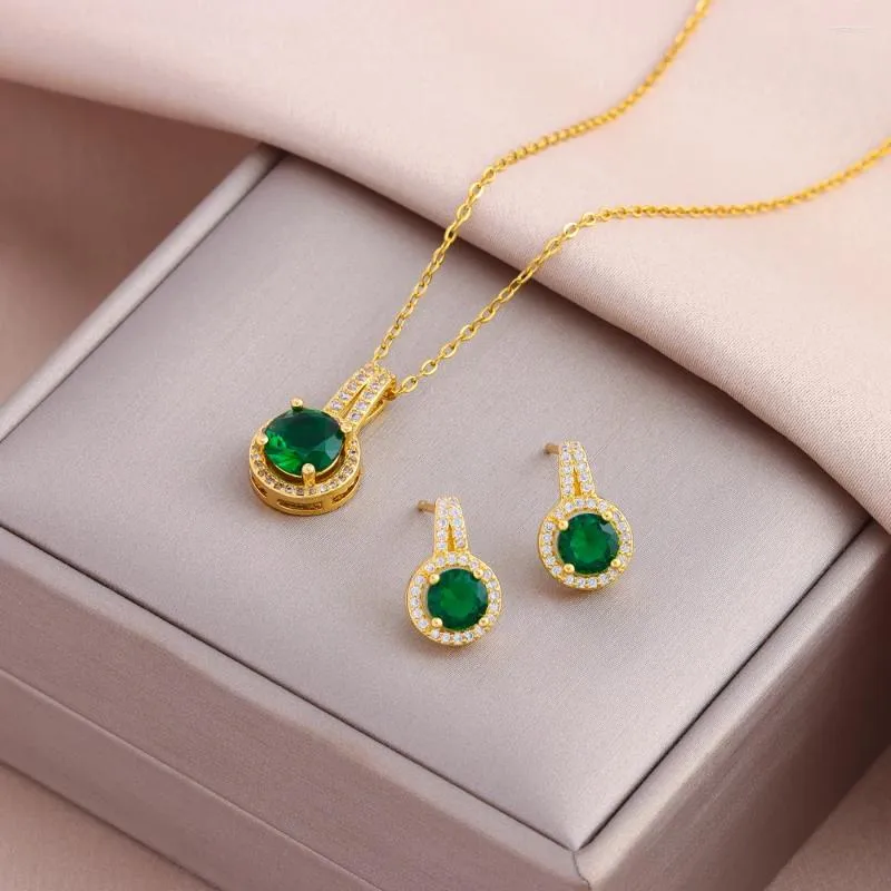 Anhänger Halsketten Vintage Stil Grüne Wasser Tropfen Ohrringe Für Frauen Weibliche Täglich Tragen Edelstahl Schlüsselbein Kette Schmuck Set