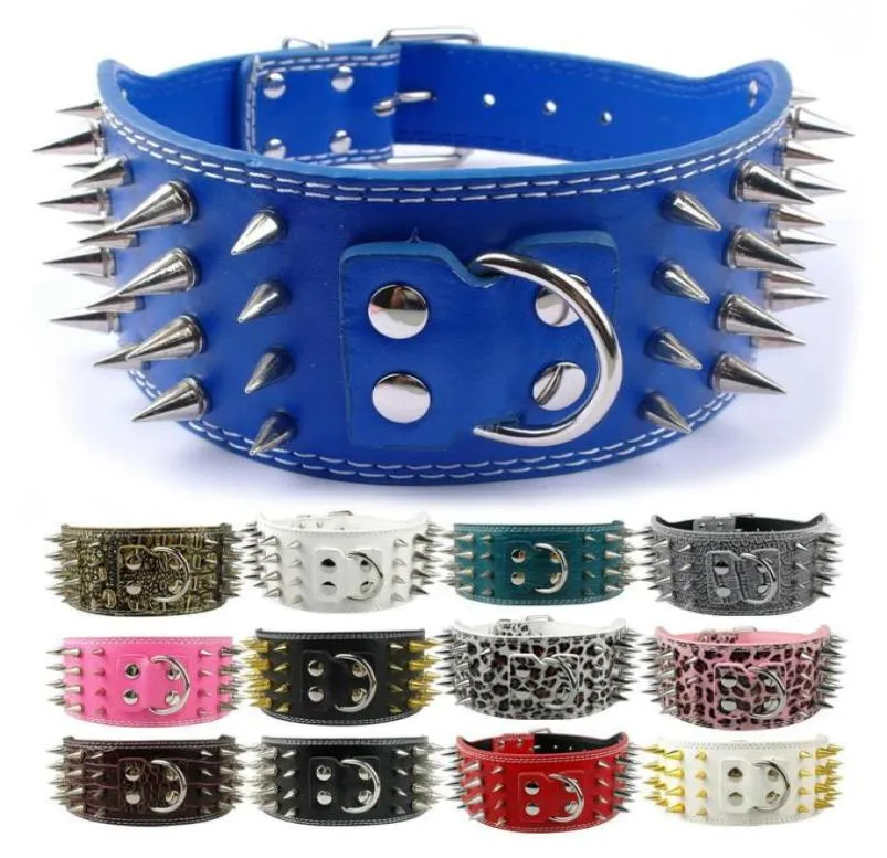 Whole3 inch Wide Spikes Leather Pet Dog leash Collar for Large Breeds Pitbull Doberman M L XL8505423