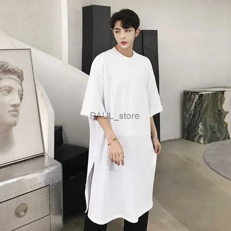 Men's T-Shirts Men summer oversized hip hop long t shirt side split tee shirts mens punk tops streetwear hiphop clothes camisetas stage costumeL2404