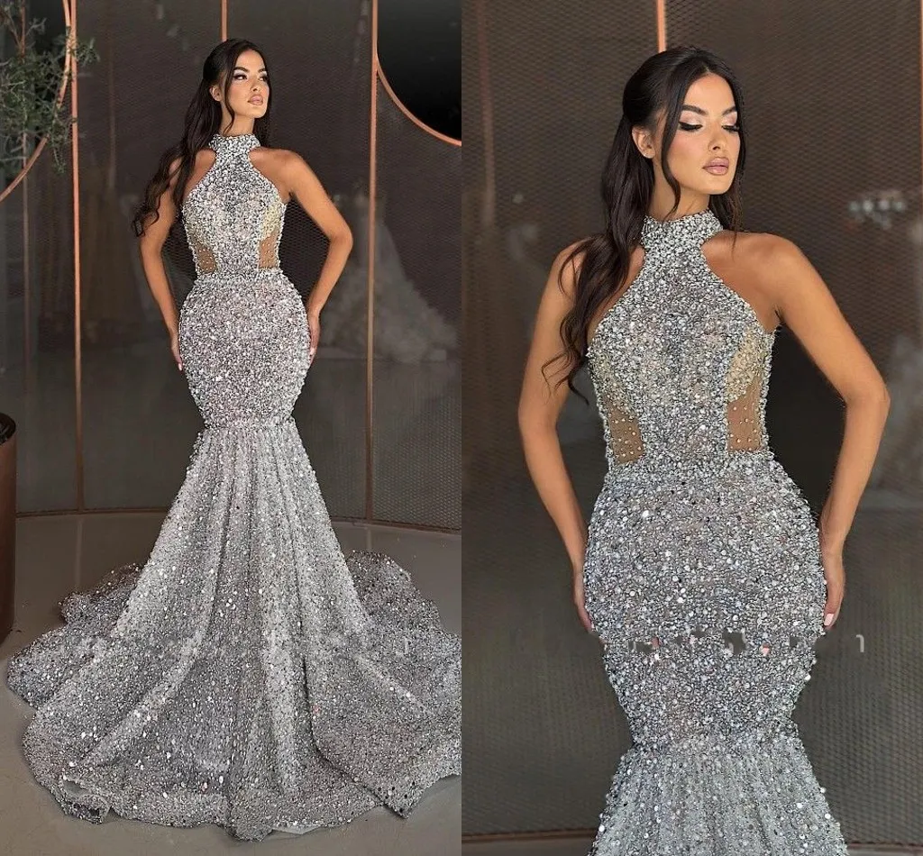 Silver Beaded Sequin Mermaid Prom Dress with Illusion Bodice Halter Neck  Sleeveless Floor-Length Evening Gown from Dhgate Prom Dresses - price 403.3
