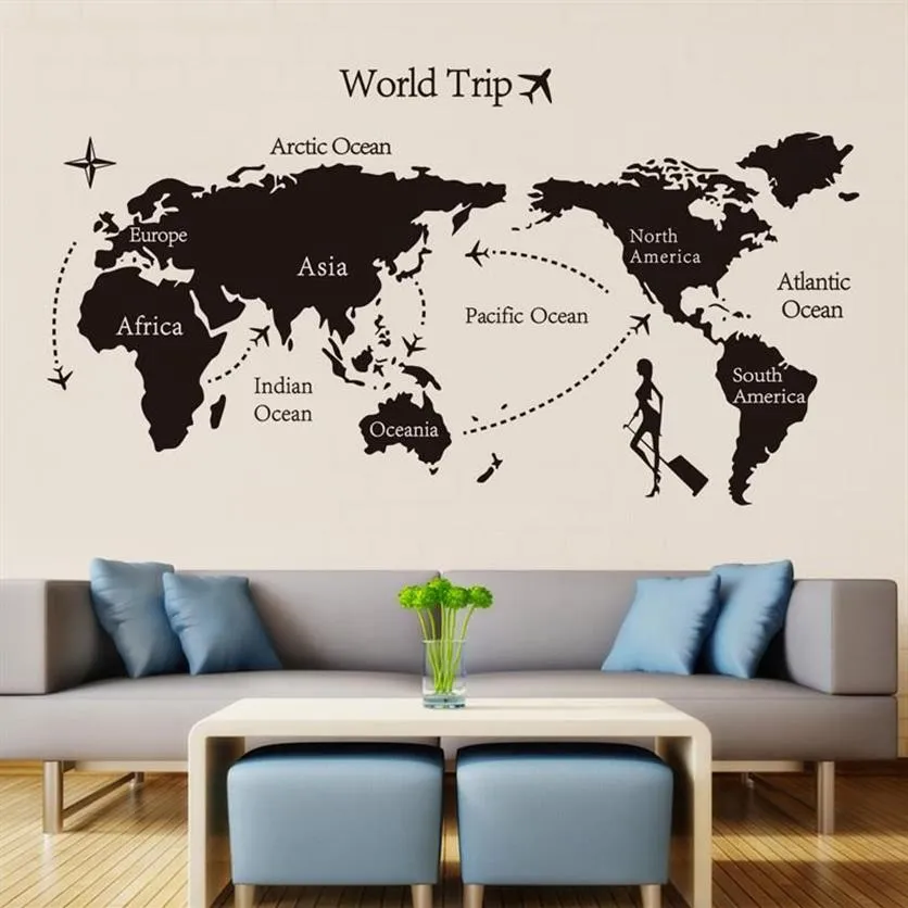 Mapa de viagem mundial preto adesivos de parede de vinil para crianças decoração de decoração de casa decalques de arte 3d papel de parede quarto decoração2419