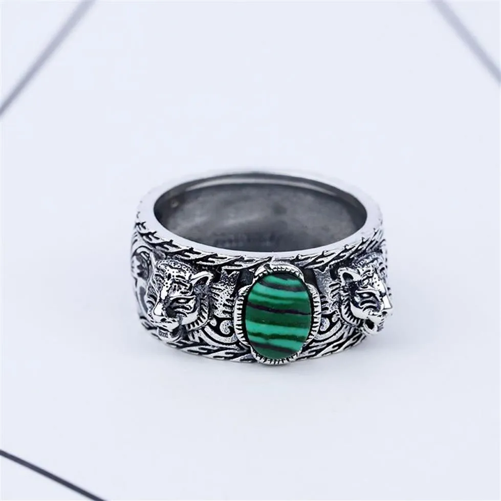 S925 Silver Tiger Head Anel Retro Sterling Silver Inclaid Malachite Double Tiger Head Ring Men and Women Trend Hip Hop Turquoise RI287L
