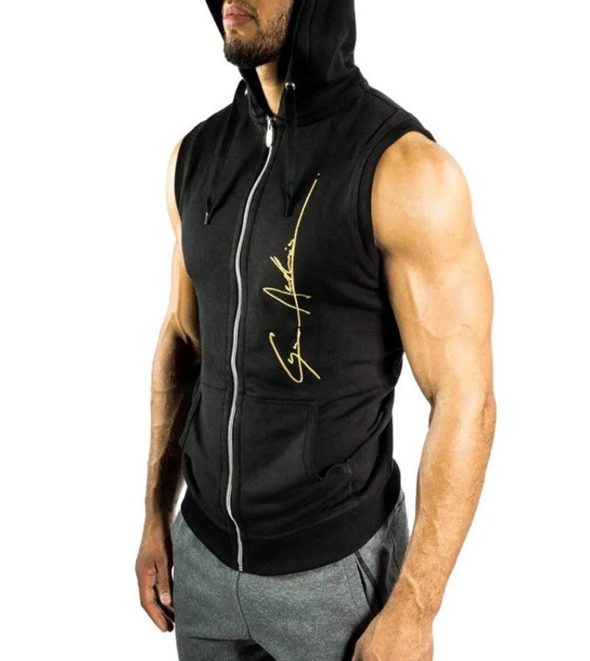 Mannen bodybuilding Mouwloze hoodie Sweatshirt sportscholen Fitness workout Katoen Sportkleding mannelijk Merk Vest met capuchon kleding9940400
