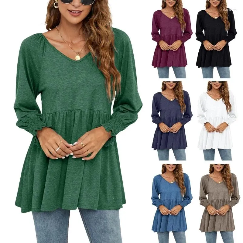 Women's T Shirts Puff Long Sleeve Shirt Casual Smocked Cuff V Neck Tops Blouse Ladies'