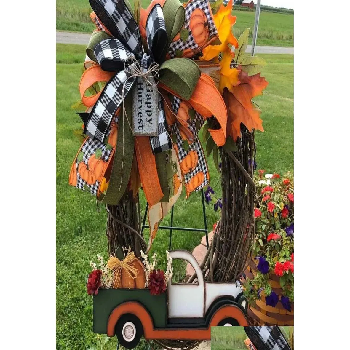 Decorative Flowers Wreaths Pumpkin Truck Wreath Fall For Front Door Farm Fresh Sign Autumn Decoration Halloween Stolen Doorplate D Dhezx