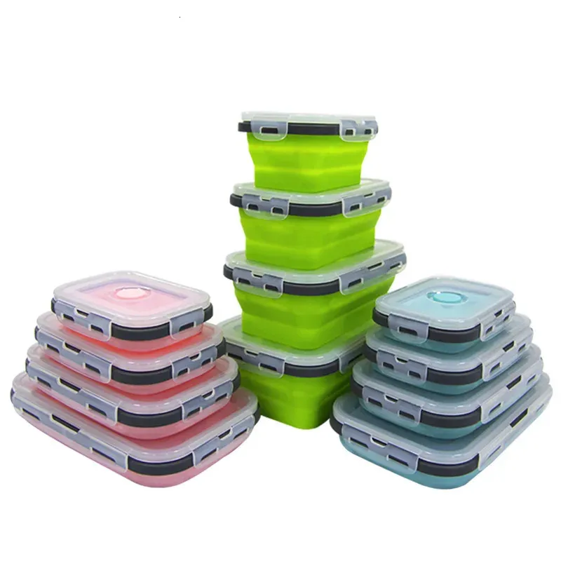 Set4pcs OPP Food Grade Square Portable Foldable Silicone Lunch Box Microwave Oven Lunch Box Refrigerator Preservation Box 231221
