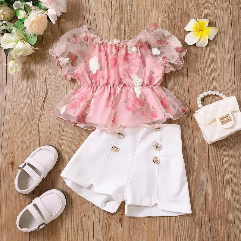 Conjuntos de roupas 1-6T Kid Baby Girls Roupas Verão Organza Floral Impressão Bordada Renda Bolha Mangas Torcidas Botão Shorts Moda Adorável