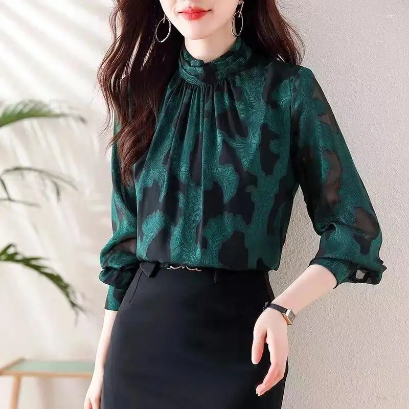 Women's Blouses Vintage Jacquard Weave Shirt Spring Autumn Half High Collar Commute Clothing Stylish Printed Folds Spliced Loose Blouse