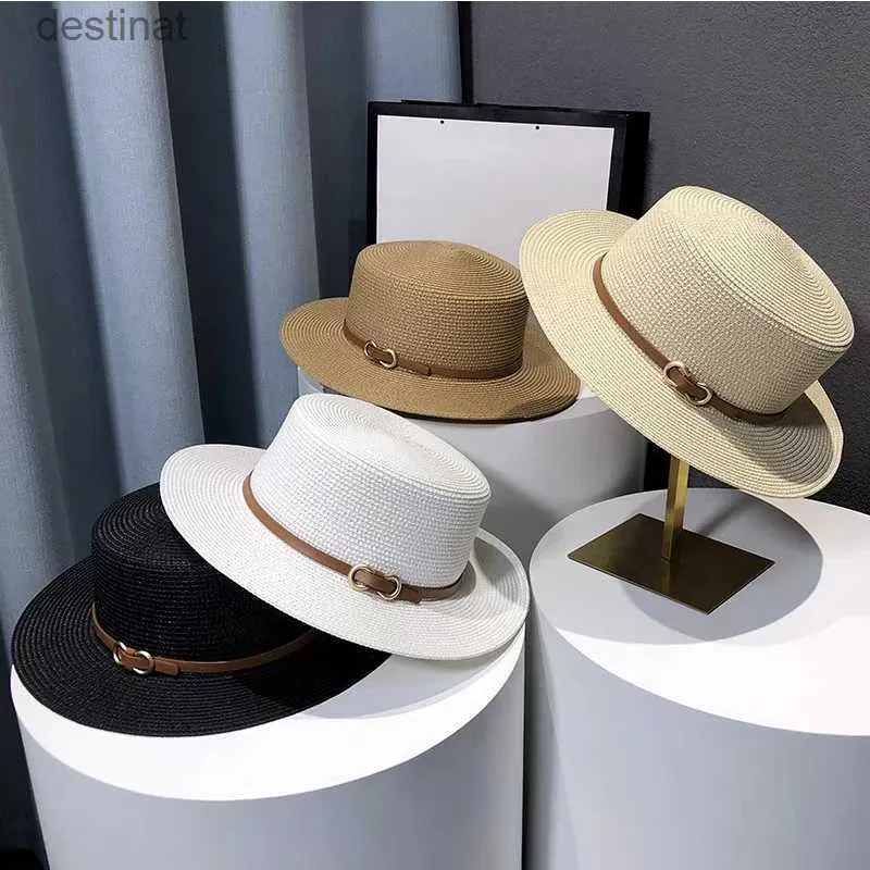 Wide Brim Hats Bucket Hats New Flat Top Straw Hat Belt Accessories Leisure Summer Sunscreen Hat Women's Fashionable Beach Boater Hat Gifts 2023L231221