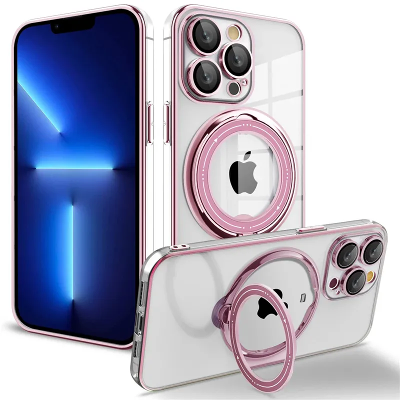 Support de bague de support rotatif à 360 degrés, étui de montage de voiture pour iPhone 15 14 13 12 11 Pro Max, couverture transparente de chargement sans fil magnétique avec protecteur d'objectif, 100 pièces