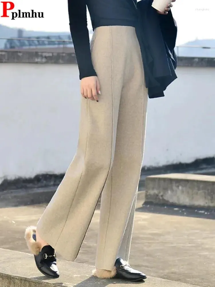 Women's Pants Office Ladies Woolen Suits Formal Fall Winter High Waist Pantalones Elegant Solid Ol Women Chic Wide Leg Warm Trousers