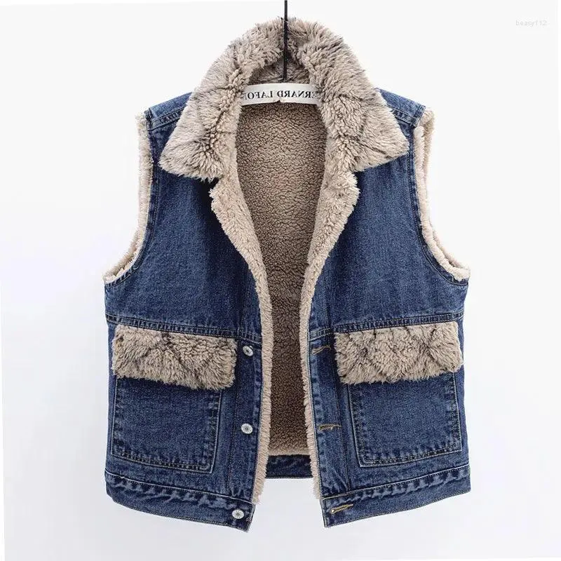 Kvinnors västar 2024 Retro Blue Plush Thicked Denim Vest Casual ärmlös Cowboy Coat Jeans Female Waistcoat Outwear