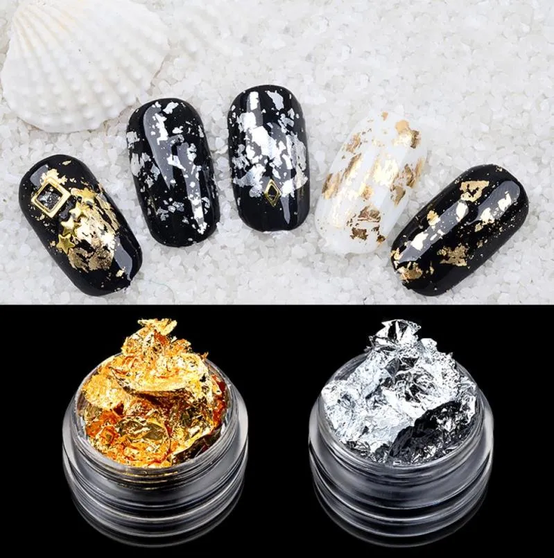 1 scatola Oro Argento Stagnola per unghie Decorazioni per unghie artistiche Adesivi Fogli irregolari Adesivo di carta 3d Glitter Fiocchi Manicure fai da te4626290