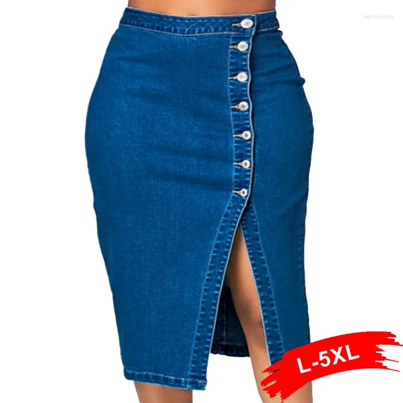 Kjolar plus storlek sexig bodycon denim midi kjol 3xl 4xl 5xl sommar vårkontor lady hög midja push up casual split short jeans