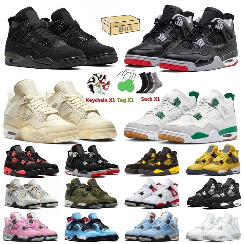 Met doos jumpman 4 basketbalschoenen zwarte kat 4s dennengroen dames heren trainers gefokt opnieuw bedacht metallic goud zeil foton stof rode donder militaire oreo sneakers