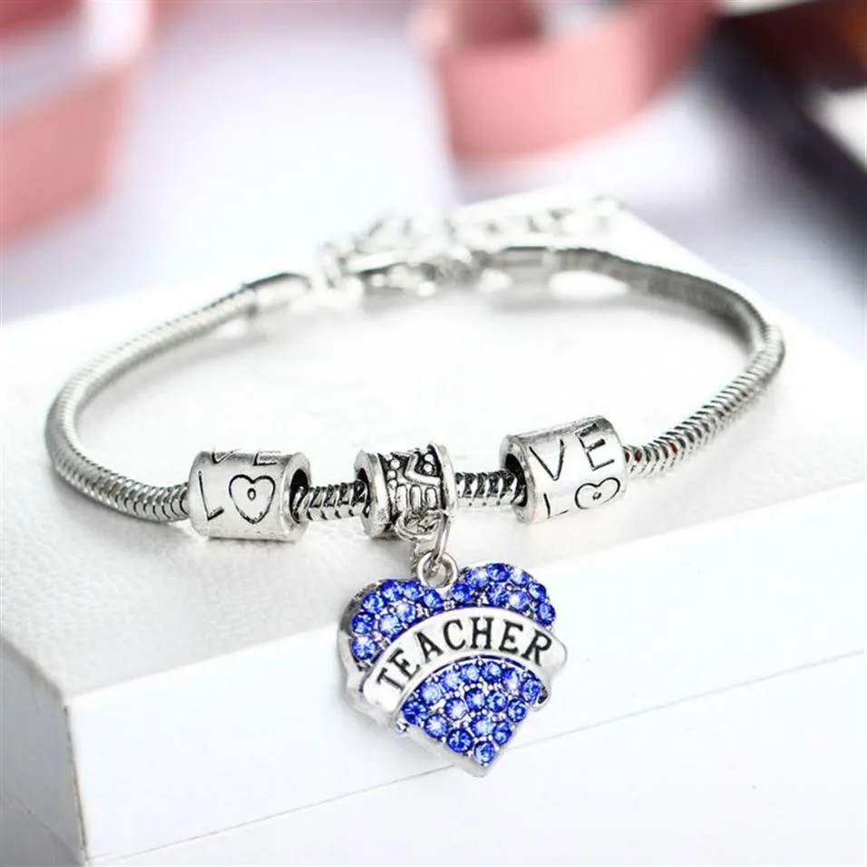 Whole- Heart Blue Crystal Teacher Gifts Bracelets Charm Bangle Bracelet Teachers Day Souvenirs188y