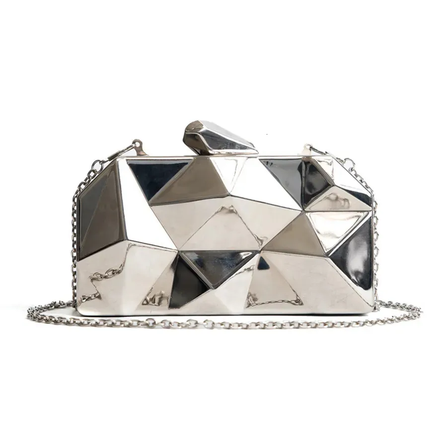 Kvinnor Handväskor Metall Högkvalitativ Hexagon Clutches Fashion Geometric Mini Party Black Evening Purse Silver Bags Gold Box Clutch 231220