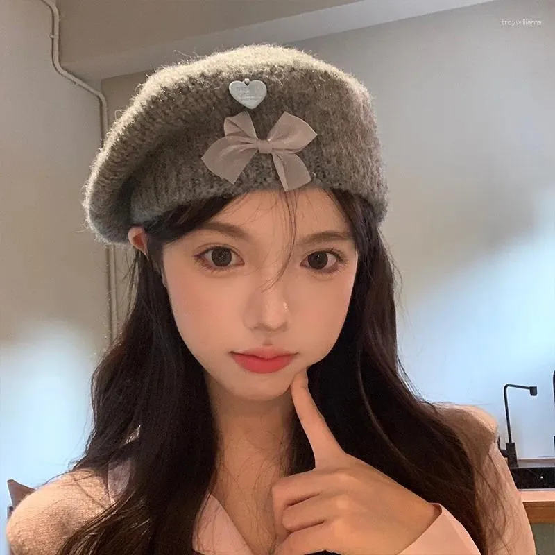 Berets Cute Bow Grey Caps Autumn And Winter Plush Knitted Bud Painter Hat Korean Showing Face Small Ins Versatile Women's Hats