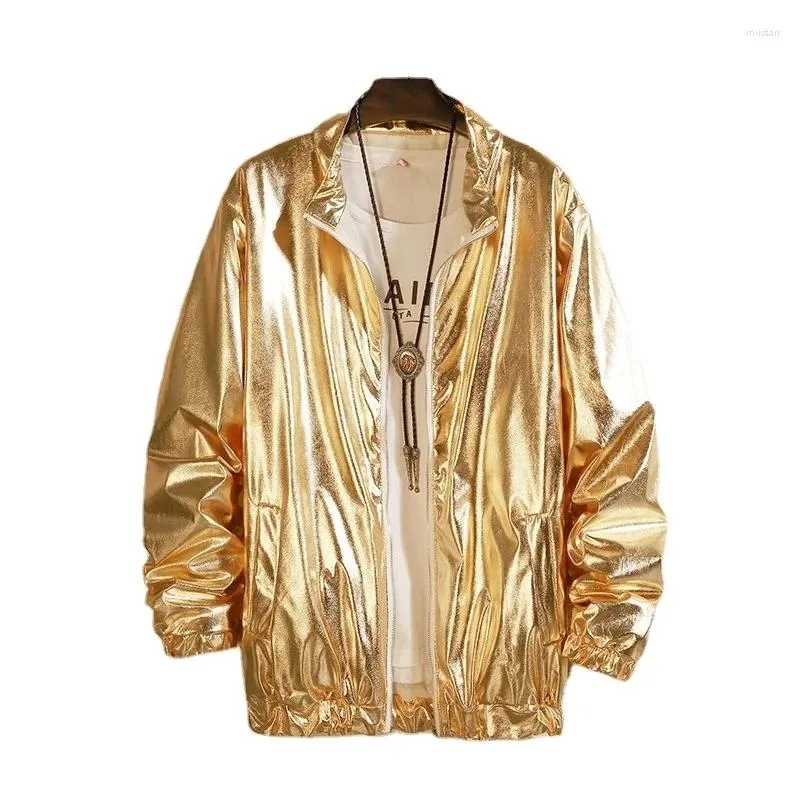 Mäns jackor Mens Windbreaker Nightclub Stage Party Costume Streetwear Harajuku Hip Hop Reflective Jacket Gold Fashion Coats