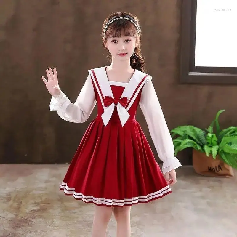 Flickaklänningar 2023 Summer Girls 'Dress Long Sleeve Sailor Collar Bow Princess Korean Children's Clothing Pleated kjol midjebälte 5-12 år