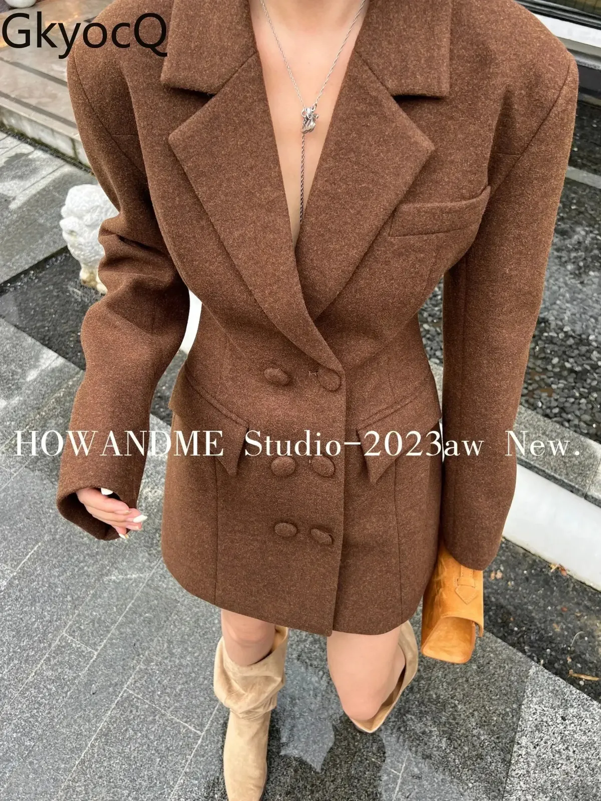 GKYOCQ 2023 Wintera Winter Wersja Koreańska moda kołnierz z podwójnym piersi Tweed Dres Blends TALIST Slim Short Sukienki 231221