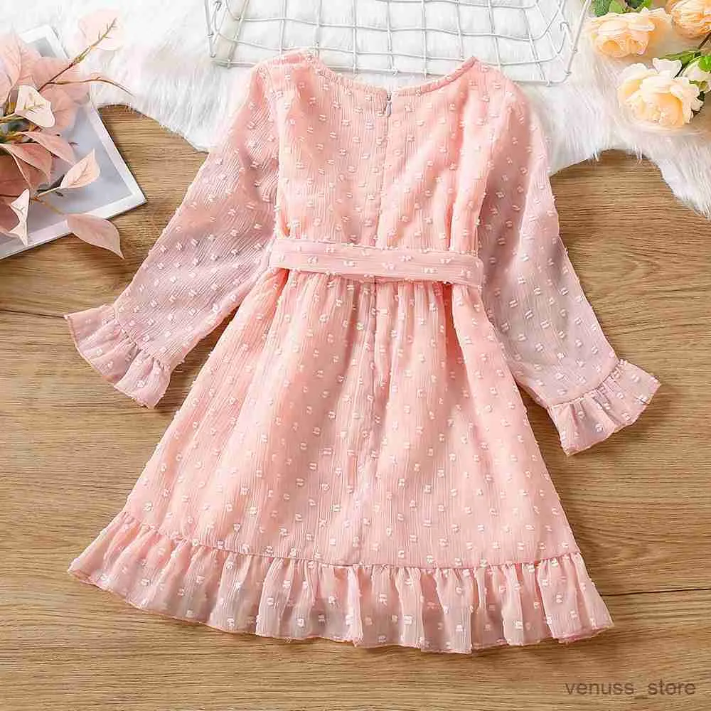 Robes de fille Girls Swiss Dot Ruffle Hem Robe à manches longues Spring Automne bébé Kids FlouncEve Vre V Back Back Zipper Casual A-Line Rose Robe