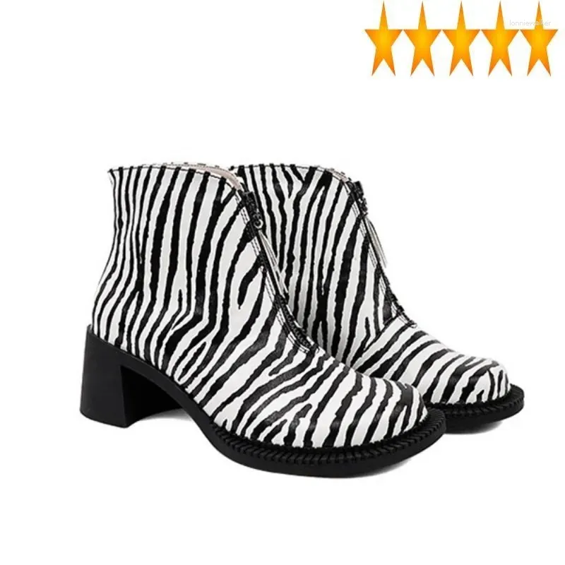 Boots Street Women Zebra Rands Top Print Front Dxhet Runda Toe Autumn Casual Ankle Leather Block High Heels Shoes