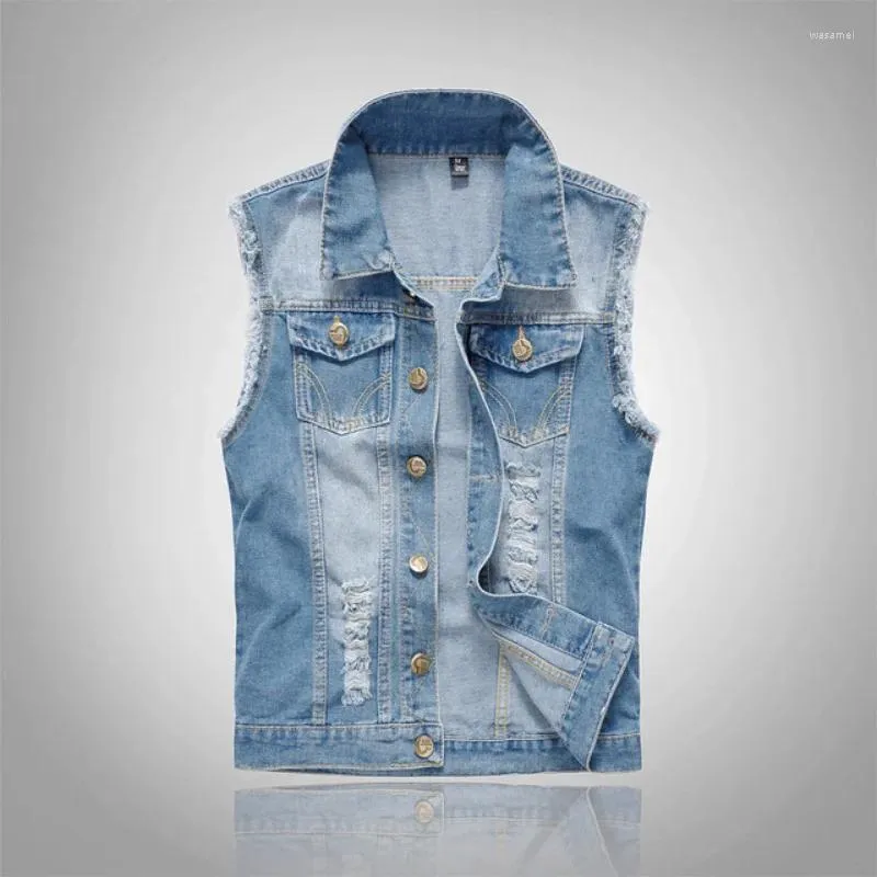 Gilet da uomo Primavera ed Estate Uomo Casual Gilet di jeans blu Maschile monopetto Jean Giacca da buco bello da uomo Plus Size S-6XL